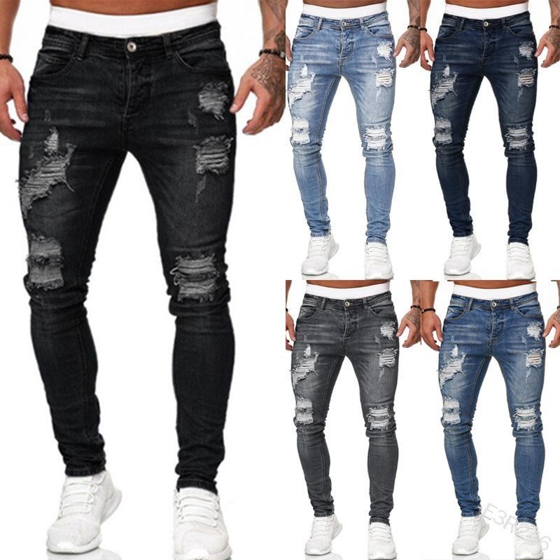 Mens Ripped Skinny Jeans Blue Slim Fit Hole Pencil Pants Casual Biker Trousers Streetwear 2021 High Quality Denim Man Clothing 5 Mens Ripped Skinny Jeans Blue Slim Fit Hole Pencil Pants Casual Biker Trousers Streetwear 2021 High Quality Denim Man Clothing 5