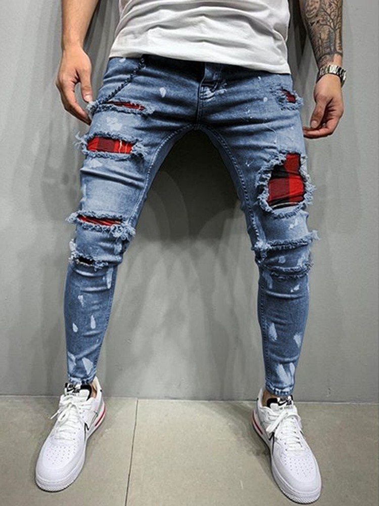 Men's Quilted Embroidered jeans Skinny Jeans Ripped Grid Stretch Denim Pants MAN Elastic Waist Patchwork Jogging Denim Trousers 4 Men's Quilted Embroidered jeans Skinny Jeans Ripped Grid Stretch Denim Pants MAN Elastic Waist Patchwork Jogging Denim Trousers 4