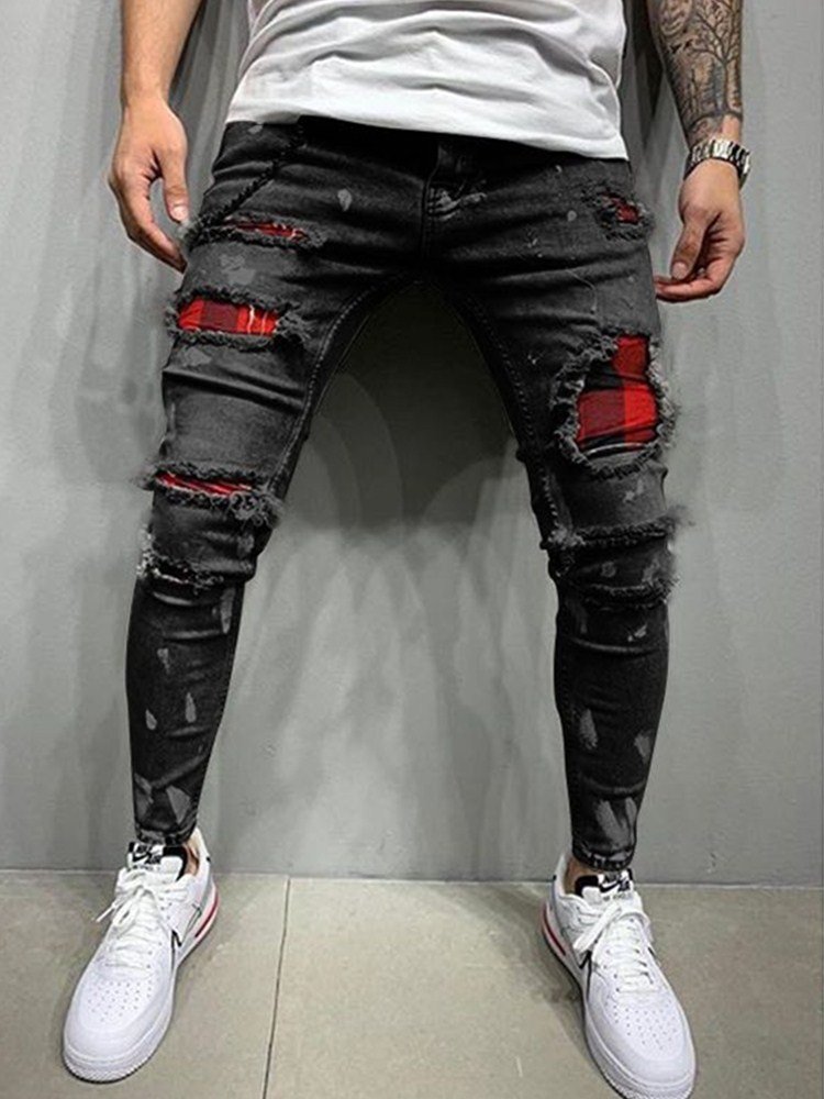 Men's Quilted Embroidered jeans Skinny Jeans Ripped Grid Stretch Denim Pants MAN Elastic Waist Patchwork Jogging Denim Trousers 5 Men's Quilted Embroidered jeans Skinny Jeans Ripped Grid Stretch Denim Pants MAN Elastic Waist Patchwork Jogging Denim Trousers 5