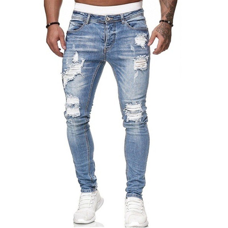 Mens Ripped Skinny Jeans Blue Slim Fit Hole Pencil Pants Casual Biker Trousers Streetwear 2021 High Quality Denim Man Clothing 4 Mens Ripped Skinny Jeans Blue Slim Fit Hole Pencil Pants Casual Biker Trousers Streetwear 2021 High Quality Denim Man Clothing 4