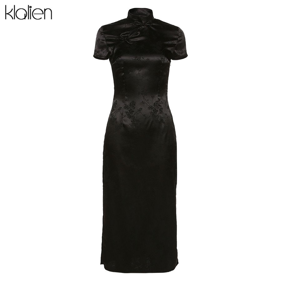 KLALIEN Black Monochrome Printing Satin Traditional Chinese Dresses Long Qipao Dress Sexy Split Tang Costume Banquet Qipao Woman 5 KLALIEN Black Monochrome Printing Satin Traditional Chinese Dresses Long Qipao Dress Sexy Split Tang Costume Banquet Qipao Woman 5